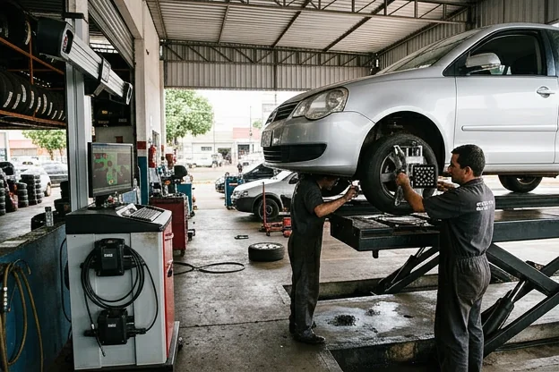 Carro sendo alinhado em uma borracharia.