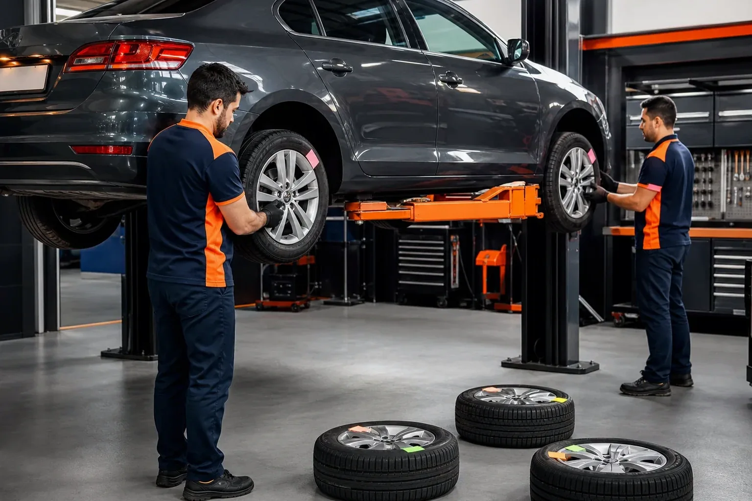 Mecânico realizando o rodízio de pneu do carro.