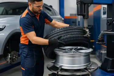 Profissional trocando o pneu de um carro.