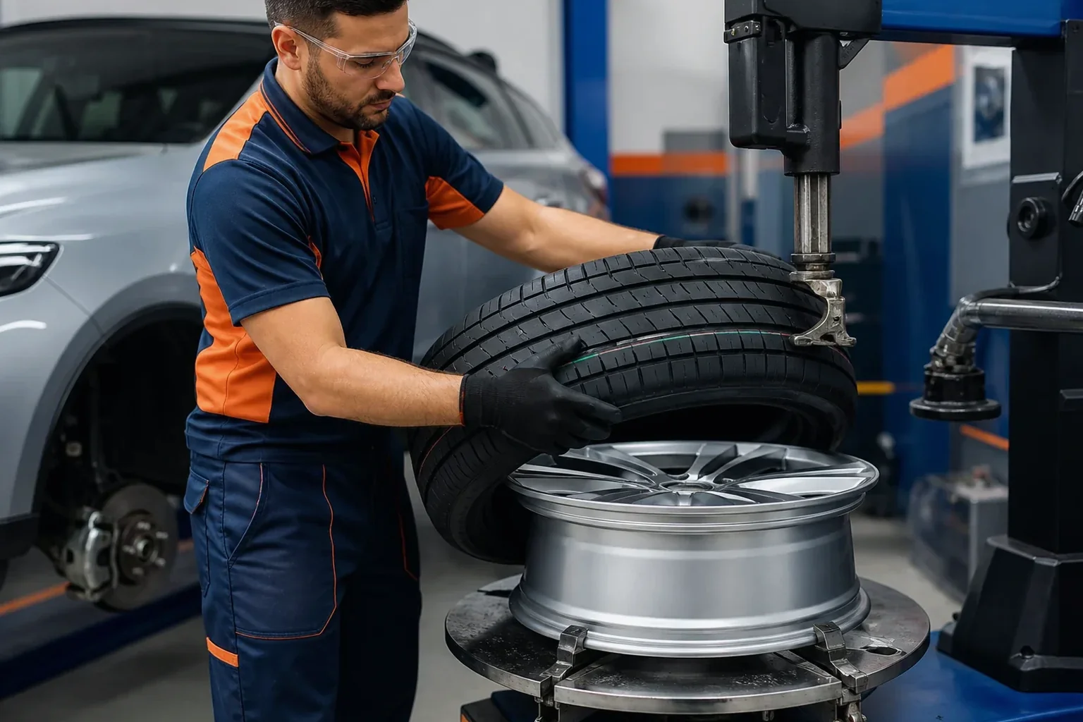 Profissional trocando o pneu de um carro.