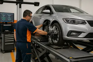 Técnico ajustando o alinhamento das rodas de um carro.