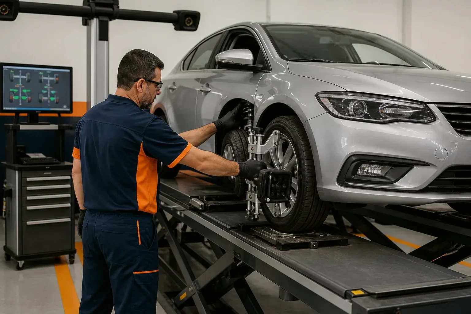 Técnico ajustando o alinhamento das rodas de um carro.