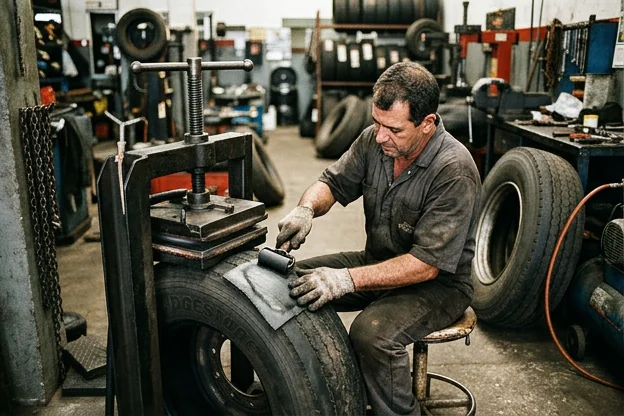 Técnico aplicando vulcanização em um pneu.