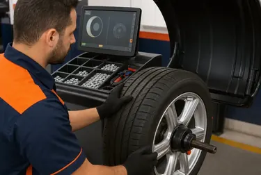 Técnico realizando balanceamento das rodas de um carro.