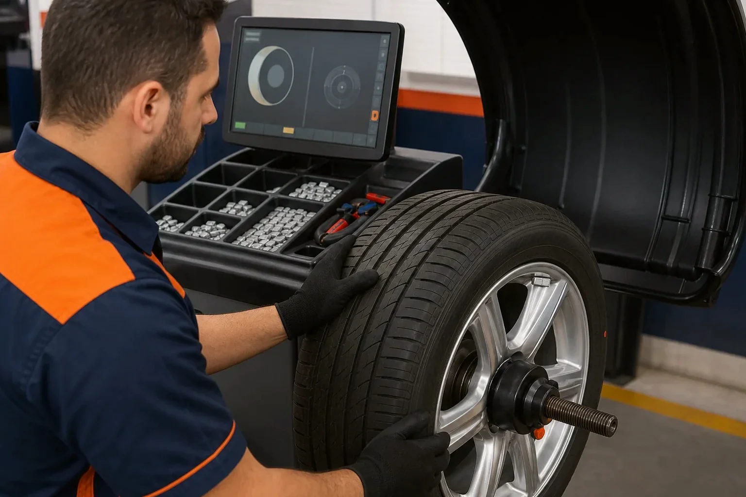 Técnico realizando balanceamento das rodas de um carro.