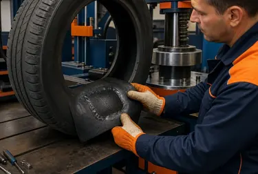 Técnico realizando processo de vulcanização em um pneu.